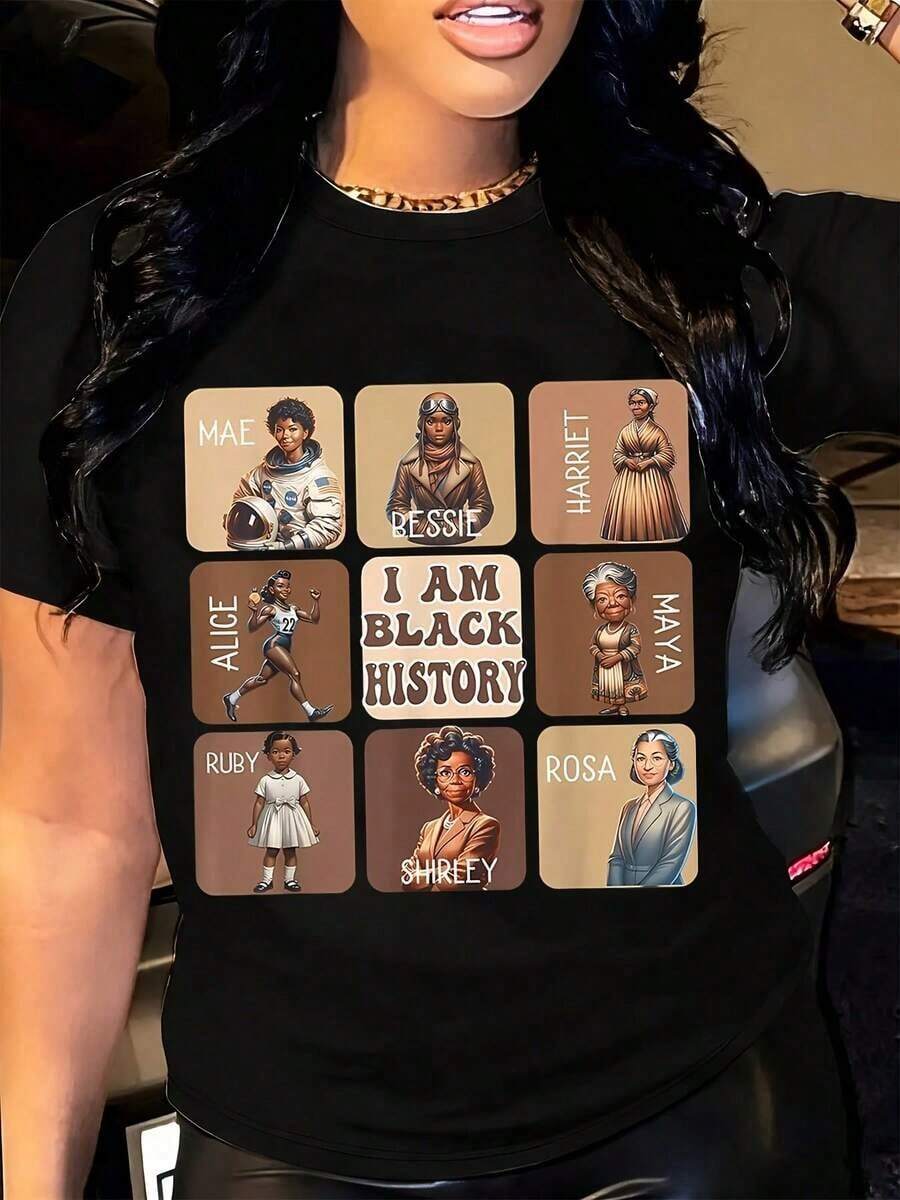 Black Short Sleeve T-Shirt, Unisex, Black History Women Icons Graphic & "I Am Black History" Text, Comfortable Cotton Casual Tee, Suitable For Daily Wear & Celebration Events, Available In Multiple Sizes - màu đen - Xem 1