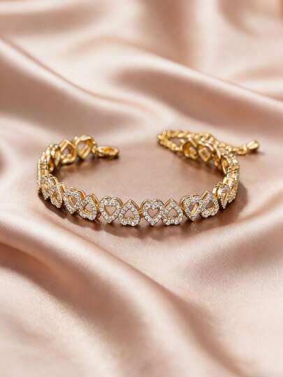 1条奢华心形立方氧化锆链手链，女士镀金手链，适合派对、生日、旅行佩戴，可作为礼物送给女友、朋友或妻子