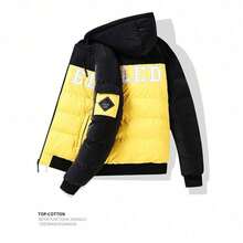Abrigo de plumón de doble cara para hombre, bordado, grueso, corte holgado, con capucha desmontable con cremallera, chaqueta de invierno, diseño color block, tipo puffer, cálido, resistente al viento, ligero, cómodo, ideal para deportes al aire libre, estilo casual y moderno. - Negro - Ver 2