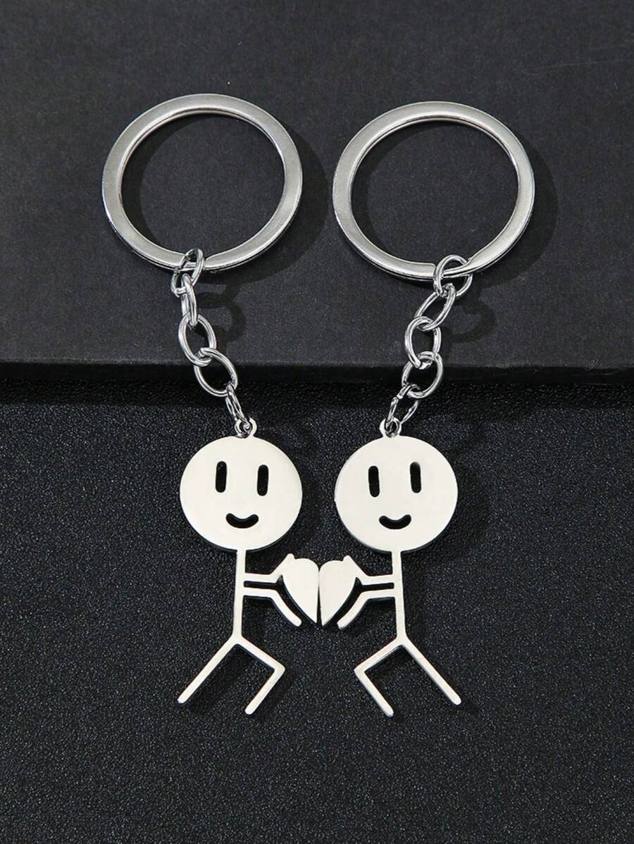 2pcs/Set Unisex Funny Matchstick Heart Shaped Keychain Cute Gag Gift For Couples Valentine's Day Kawaii Key Lanyard Beach Essentials - Silver - View 1