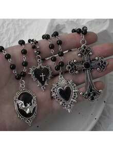 哥特式蝙蝠十字架暗黑吊坠项链套装，Y2K个性化荆棘心形黑色串珠多层项链套装，适合万圣节佩戴 - 黑色 - 查看 11