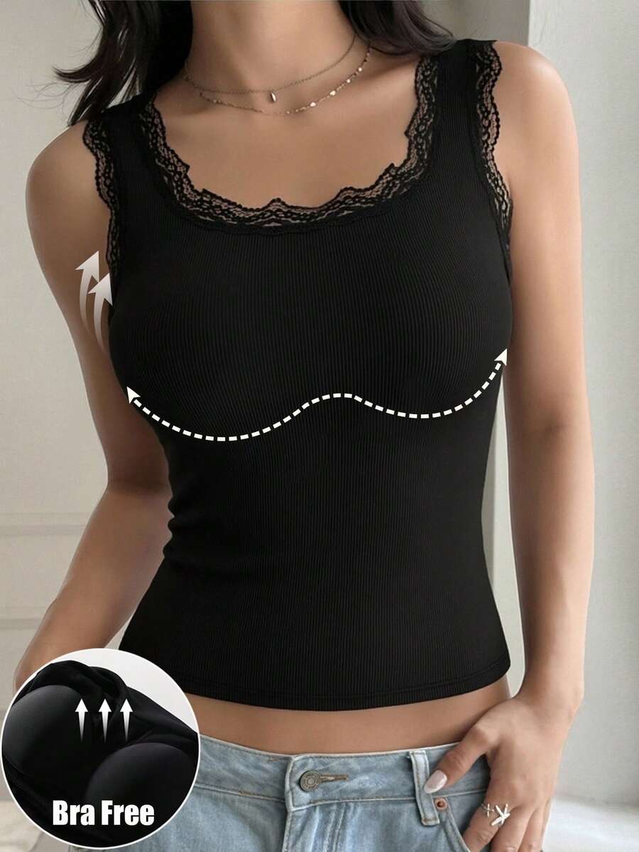 1pc Women Casual Comfortable Lace Patchwork Round Neck Camisole, Slim Fit Ribbed Sleeveless Solid Color Tank Top, Suitable For All Seasons - Black - View 1