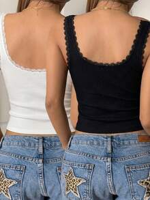 2pcs/Set Women's Sexy Sheer Lace Patchwork Ribbed Camisole Vest - Multicolor - View 2