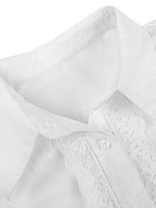 ii Blusa de verano de unicolor con cuello elegante y adorno de encaje floral - Blanco - Ver 7