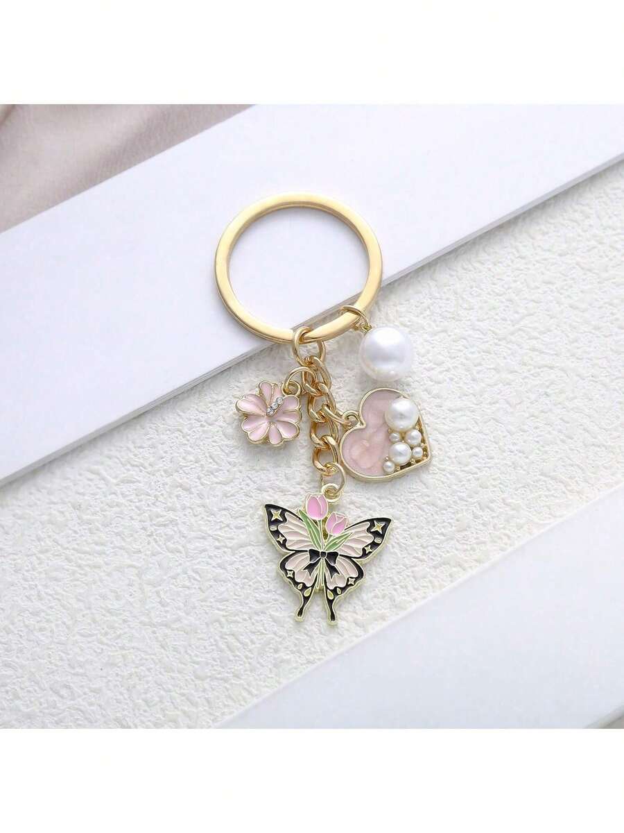 1pc Unisex Zinc Alloy Butterfly, Flower & Heart Shaped Oil Drop Keychain, Fashion Pendant Bag Charm - Multicolor - View 1
