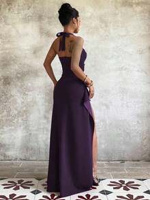 1pc Elegant Solid Color Asymmetric/Asymmetrical High Slit Backless Dress, Suitable For Parties, Weddings, All Seasons - Mận đậm - Xem 5