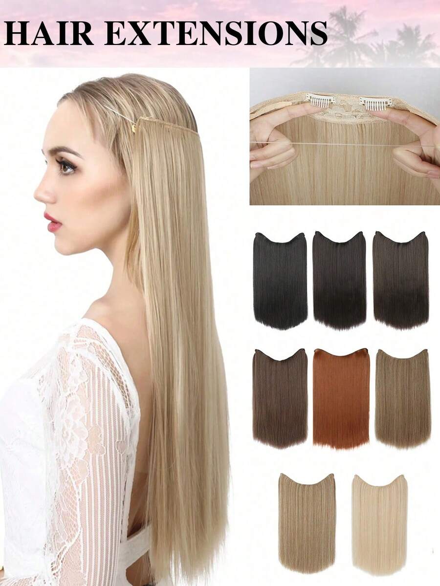 Extensiones de cabello de alambre de acero invisible, aro de cabello transparente, tamaño ajustable, clips de desmontables, cabello sintético liso, peluca invisible para mujeres - Multicolor - Ver 1