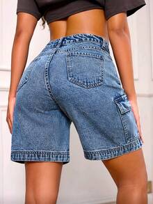 Pantalones cortos de mezclilla casuales y sueltos con diseño de bolsillo elástico de moda para mujer, para el verano - Celeste - Ver 3