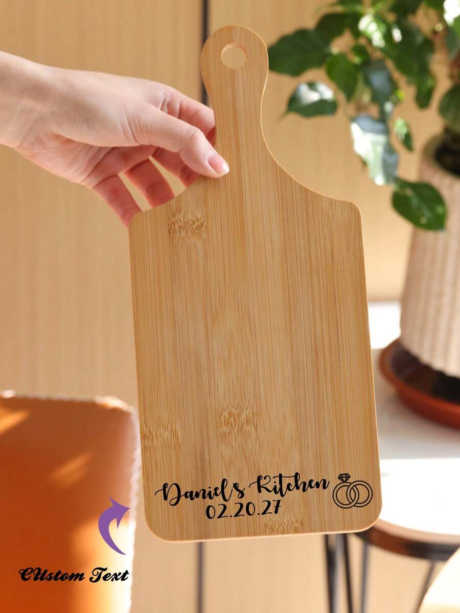 1pc Customized Family Couples Diamond Ring, Date & Name Engraved Wooden Single Serving Appetizer Platter With Handle - Multicolor - View 1