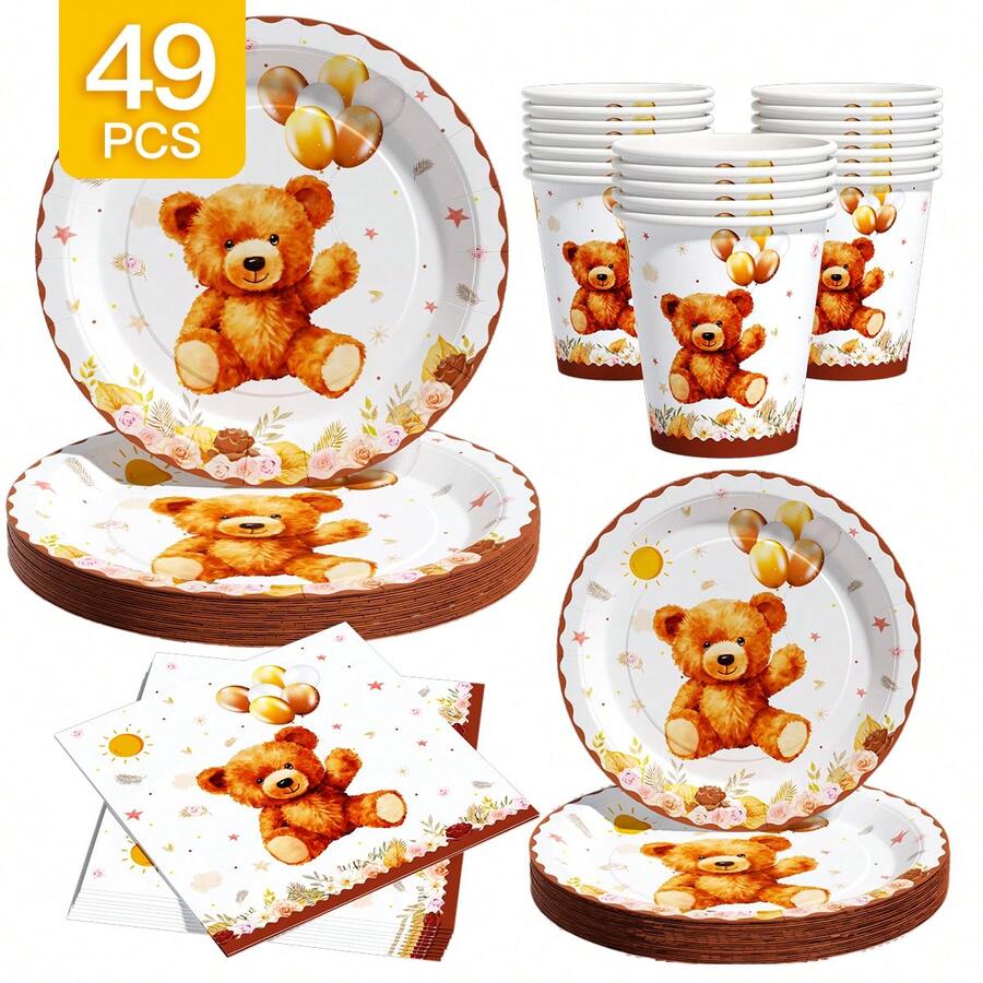 1 Set Flower & Bear Birthday Balloon Disposable Plates, Napkins, Cups, Serves 8 Guests, Suitable For Birthday, Wedding, Party, Family Picnic - Multicolor - View 1