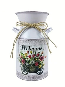 Jarrón de hierro forjado retro, jarrón de flores con estampado "Bienvenido" de estilo campestre, jarrón decorativo con doble asa de cuerda para arreglos florales, adecuado para ramos de flores realistas, cubeta de flores, pieza de decoración floral de escritorio del hogar, recipiente de decoración suave de estilo nórdico - 1PC - Ver 11