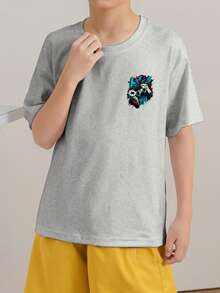 男童休闲印花圆领短袖T恤，夏季上衣 - 淺灰色 - 查看 4