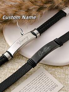 1pc Customized Name Bracelet, Personalized Leather Bend Plate Bracelet, Customized Engraved Name Bracelet, DIY Name Bracelet, Engraved Name/Date/Symbol Customized Jewelry, Unisex Customized Valentine's Day Name Bracelet - Leather Engraved Bracelet - View 1