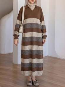 Livesso 女士宽松条纹高领长款毛衣连衣裙，休闲日常穿着，秋冬度假款 - 咖啡棕 - 查看 4