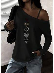 Black Off - The - Shoulder Long - Sleeve Top With Vertical Five - Heart Designs (Red, Gold - Dotted, White - Outlined, Dotted, Striped Hearts) - Light Blue Denim Jeans & Black Handbag Outfit For Daily Wear - Black - View 7