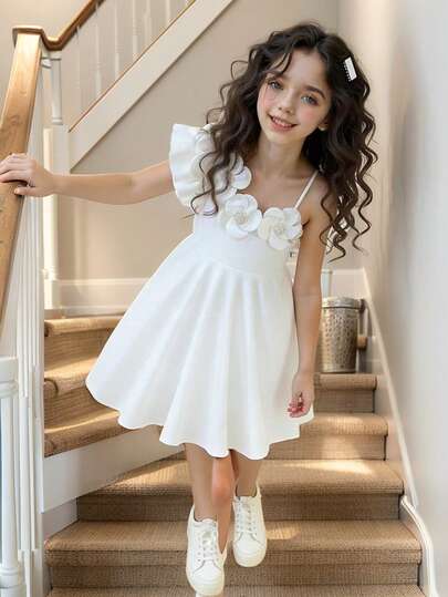 Đầm dự tiệc sinh nhật cho bé gái tuổi teen, màu trơn, họa tiết hoa 3D, cổ bất đối xứng, thắt eo.