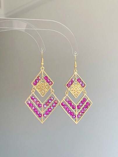 1 par de pendientes colgantes de metal con cuentas en forma de rombo, elegantes y bohemios, adecuados para uso diario, citas, fiestas, gran regalo para Año Nuevo, Día de San Valentín, Día de la Madre