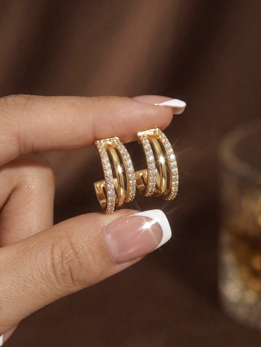 1对简约三层锆石耳钉，925纯银，精致首饰，适合女性日常佩戴 - 三層耳環 - 查看 1