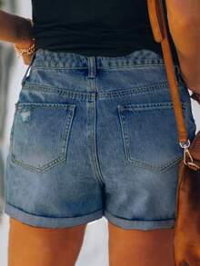 Casual Distressed Washed Loose Fit Denim Jeans For Women, Summer New Versatile Vacation Style - Dark Wash - View 3