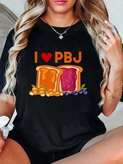 100% Cotton I Love PBJ Peanut Butter Jelly Sandwich Snack Food T-Shirt Women's Vintage Relaxed Fit Tee Premium Soft Tops Printing Round Neck Fashion Shirts