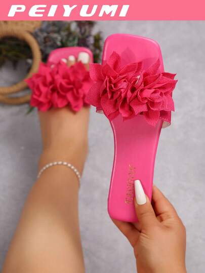 PEIYUMI French Comfortable Minimalist Wide-Fit Floral Square Toe Flat Sandals, Casual Fashionable Outdoor Beach Summer Shoes, Suitable For Ladies With Larger Feet