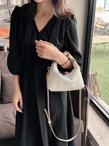 时尚迷你简约全套褶皱编织PU拉链手提包，迷你便携单肩包，适合女性，购物、约会、聚会、送礼皆宜。 - 白色 - 查看 4