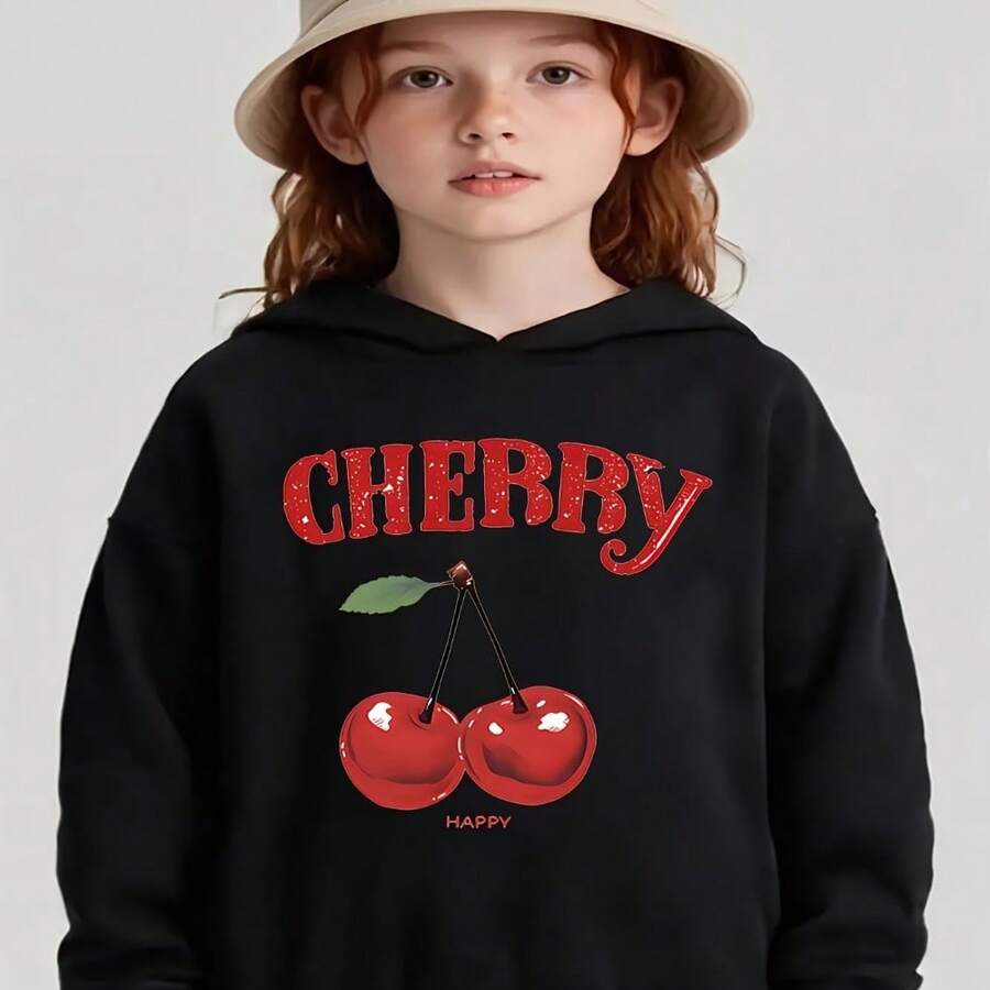 Girls' Hooded Sweatshirt With Cherry Curry Print - Cool Style For Girls - Black - View 1