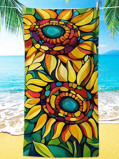 1pc Vibrant Sunflower Painted Glass Design Beach Towel - Extra Large Size, Blending Of Yellow And Green Tones, Artistic, Super Absorbent Microfiber Material, Ideal For Beach Days, Summer Adventures, Tropical Style, Beach Use, Travel, Swimming Pool, Beach Bag Bathroom Decor