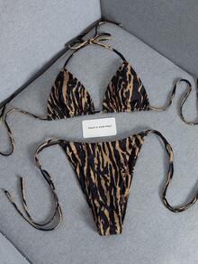 2pcs 2026 New Fashionable Sexy Faux Wood Grain Printed Bikini Swimsuit Set, Suitable For Pool, Beach, Vacation, Spring/Summer, Valentine's Day, Carnival Party - Black Brown - View 4