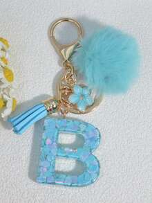 1pc Blue Heart Letter Keychain With Butterfly & Flower Decor, Women Bag Charm, Gift Keyring With Pom Pom Gifts For Mother, Father, Graduation, And Teacher - Baby Blue - View 4