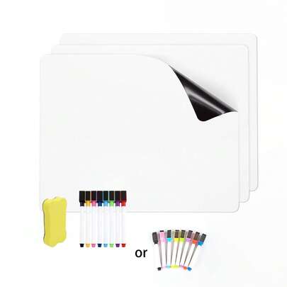 3pcs Magnetic Whiteboard Stickers For Refrigerator, Reusable Children's Doodle Practice Learning Whiteboard, Includes 8 Dry Erase Markers And 1 Eraser, Self-Adhesive And Easy To Clean