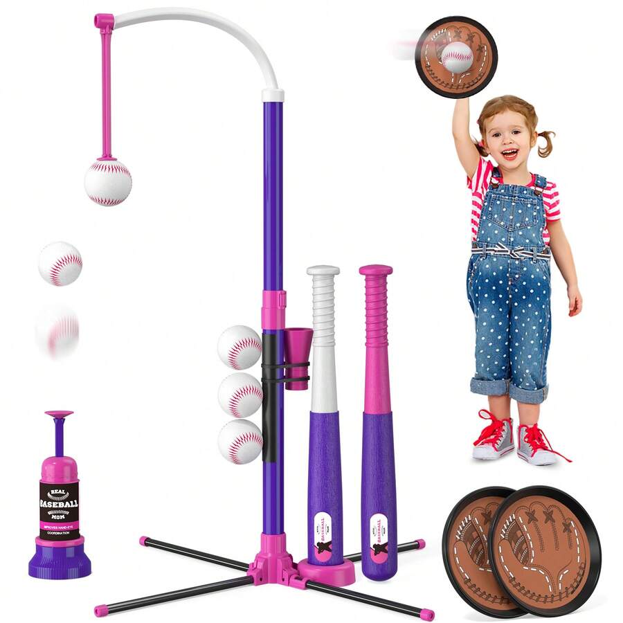 HYES 4 In 1 T Ball Sets For Kids 3-5 With Toss And Catch Ball Set, Hanging Tee Stand With Auto Pitching Machine/ 2 Bats, Indoor Outdoor Toys Baseball Gifts For Toddler Boys Girls, Purple