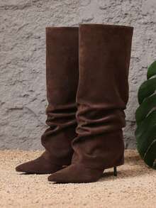 Women's Slouchy Fold Over Knee High Boots Pointed Toe Stiletto High Heel Ruched Boots Fashionable Pleated Autumn&Winter Party Dating Holiday Dress Boots - 巧克力棕色絨面革 - 查看 13