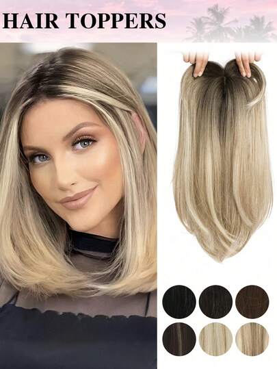 18-Inch Long Layered Synthetic Hair Topper Clip-In Extensions, 6"X6" Large Base, Suitable For Women With Thin Hair, Ombre Color