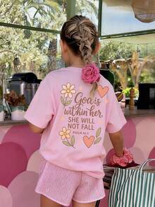 Tween Girls Casual Printed Round Neck Short Sleeve T-Shirt, Summer Top - Pink - View 8