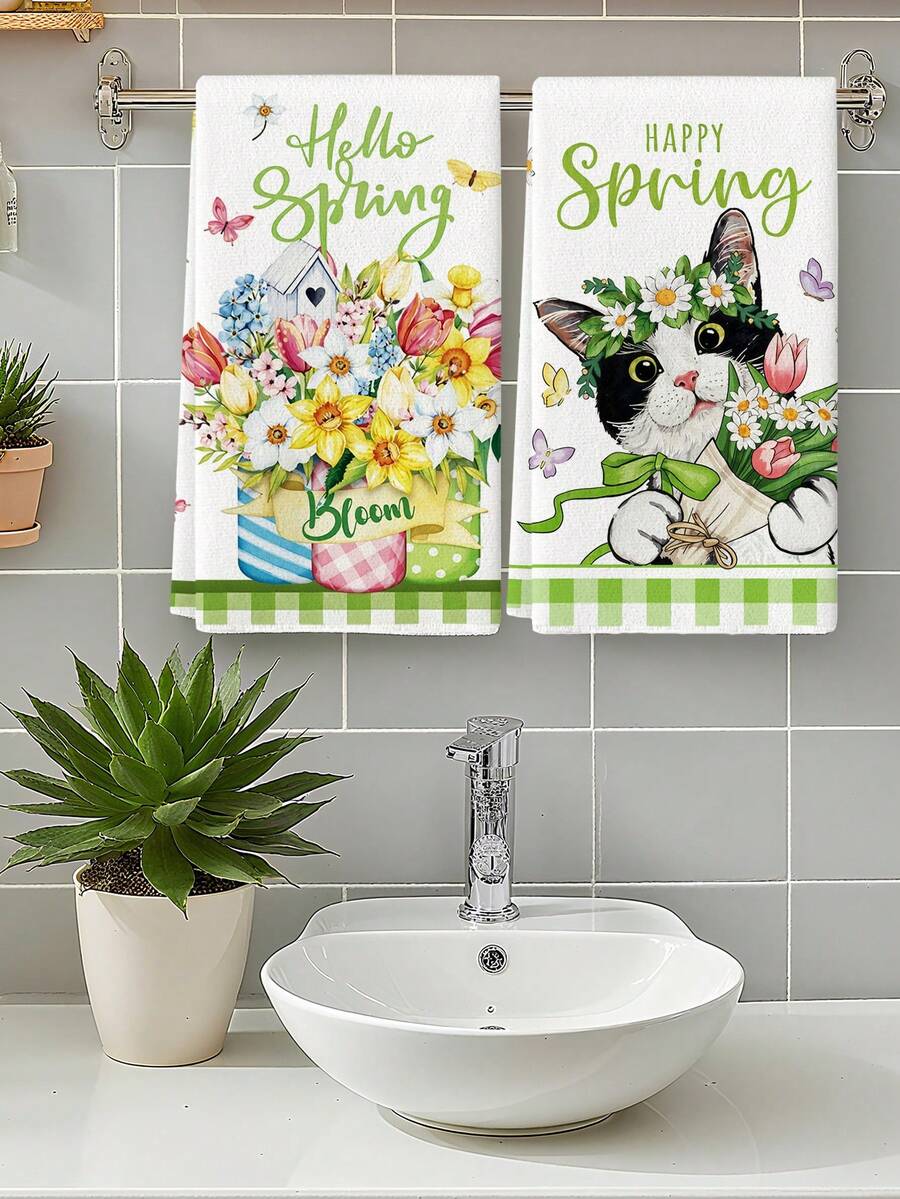 2Pcs Watercolor Eucalyptus Leaves And Flowers Farmhouse Kitchen Towels Lavender Butterfly Truck Cat Mason Bottle Spring/Summer Farm Decoration Dishcloth Holiday Party Supplies Handkerchiefs Suitable For Kitchen Dining Room Table - White - View 1