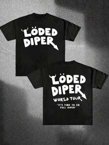 Double Sided Digital Print T-Shirt Löded Diper Logo & World Tour Slogan Branded Design Casual Soft Short Sleeve Pure 100% Cotton 220gsm T-Shirt - 黑色 - 查看 1