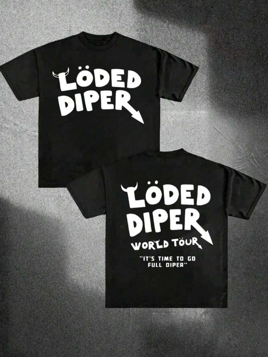 Double Sided Digital Print T-Shirt Löded Diper Logo & World Tour Slogan Branded Design Casual Soft Short Sleeve Pure 100% Cotton 220gsm T-Shirt - 黑色 - 查看 1