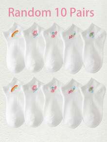 随机10双装女童彩虹樱桃字母网眼透气短袜，适合日常穿着 - 彩色 - 查看 1