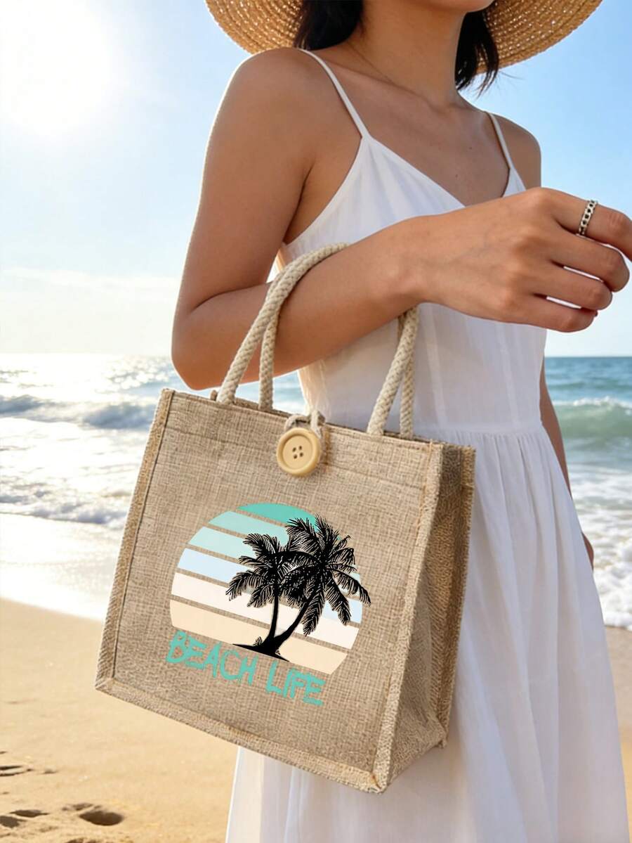 半件装亚麻手提包兼化妆包，日出图案，度假条纹椰树印花，四季皆宜，旅行包，充电器收纳包，休闲多功能手提包，大容量单肩包，女孩旅行必备包，男女通用拉链包，化妆品、化妆和旅行必备轻便接待包 - 彩色 - 查看 1