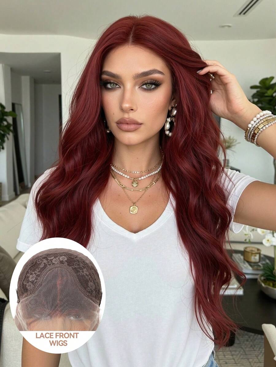 13x4 Lace Front Wig Burgundy Red Long Wavy Wig Natural Pre Plucked Hairline Heat Resistant Synthetic Wig For Daily Party 26inch - Burgundy - View 1