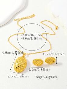 两件套中东斋月铜金色镂空点状椭圆形吊坠项链耳环首饰套装，馈赠亲友的最佳礼物 - 金黃色 - 查看 4
