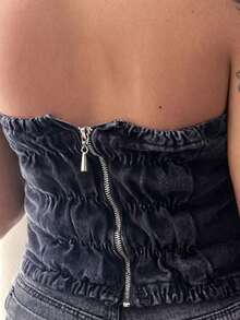 Graphite Denim Set With Jeans And Graphite Strapless Cropped Top - International Fashion New Release - Xám - Xem 6