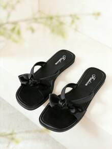 Women's Flat Sandals, Fashion New Summer Shoes, Black Cloth Bow Sandals, Comfortable Shoes, Minimalist Square Toe Black Sandals, Soft Sole Open Toe Ladies Sandals, Summer Casual Women Slippers, Outdoor Beach Slip-On Sandals With Cloth Bow Decor, Summer Promotion, Elegant Ladies Shoes, Travel Holiday Female, Women Slippers, Women Sandals, Black Sandals For Women, Women Shoes (Run Small By 2 Sizes), Beach Sandals - Black - View 8