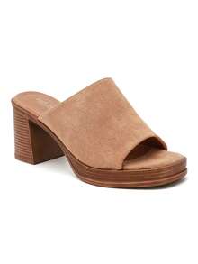 Women's Wooden Grain Insole Slippers, Summer Casual Chunky Heel Open Toe Mules, Fashion Platform Slides - Camel S272 - View 2