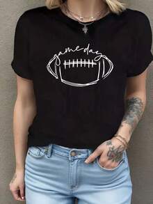 Camiseta de cuello redondo de moda para mujer con vibraciones del día del juego de fútbol para amantes del fútbol Camiseta de manga corta de algodón de 220 g, impresión por una cara - Negro - Ver 7