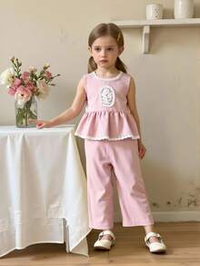 2pcs Baby Girls' Pink Sleeveless Lace Decorated Top + Ruffle Hem Pants, Sweet Casual Outfit - Pink - View 1