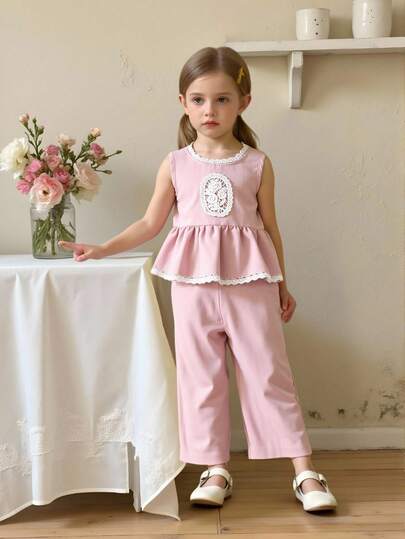 2pcs Baby Girls' Pink Sleeveless Lace Decorated Top + Ruffle Hem Pants, Sweet Casual Outfit