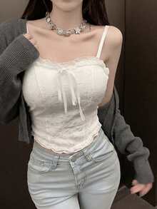 蘑菇蕾丝边吊带背心，可爱叠穿款，性感提花短款背心带胸垫，夏季 - 白色 - 查看 3