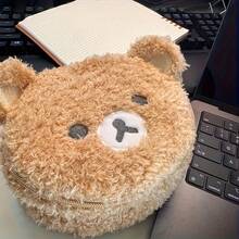 Girly Light Brown Plush Bear Makeup Bag Embroidery Design + Mesh Compartment Portable Travel Daily Storage Bag HHFO WMLE - 小熊頭 - 查看 6